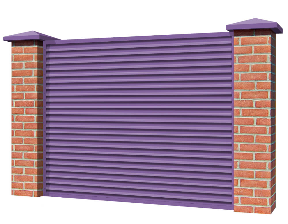 Секция забора жалюзи из ламелей Жалюзи ЭКО-Z RAL4005 Сиреневый с кирпичными столбами