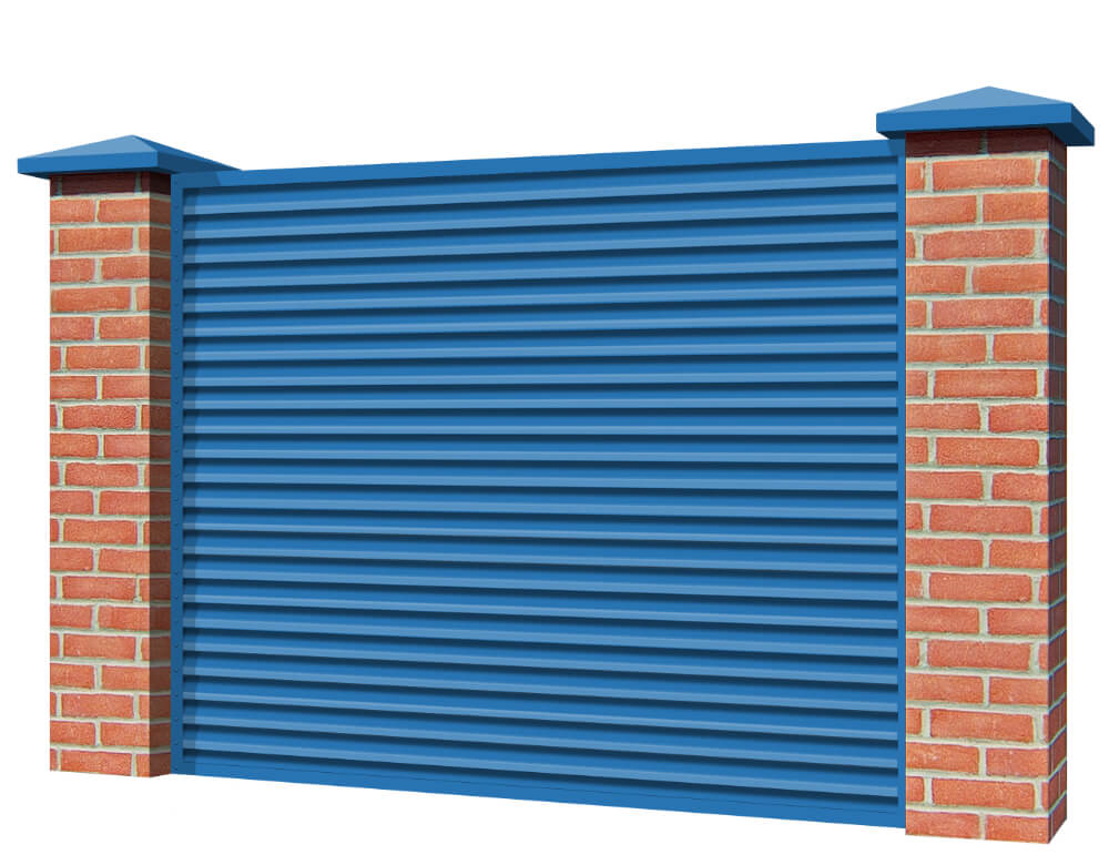 Секция забора жалюзи из ламелей Жалюзи ЭКО-Z RAL5015 Небесно-голубой с кирпичными столбами